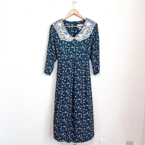 Vintage Cottagecore Prairie Dress Size 20W Green Floral Lace Country Peasant - Picture 3 of 12